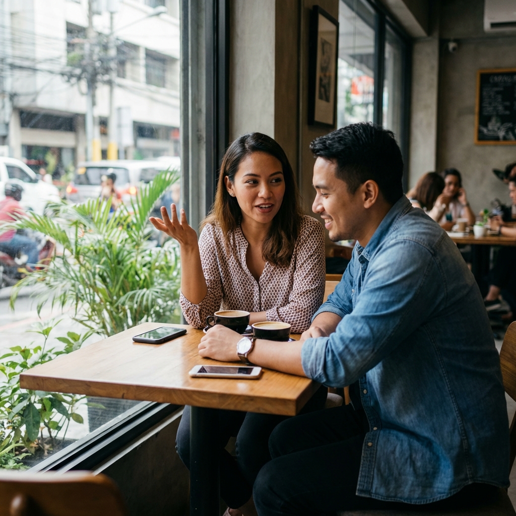 Couple communicating at a coffee shop
