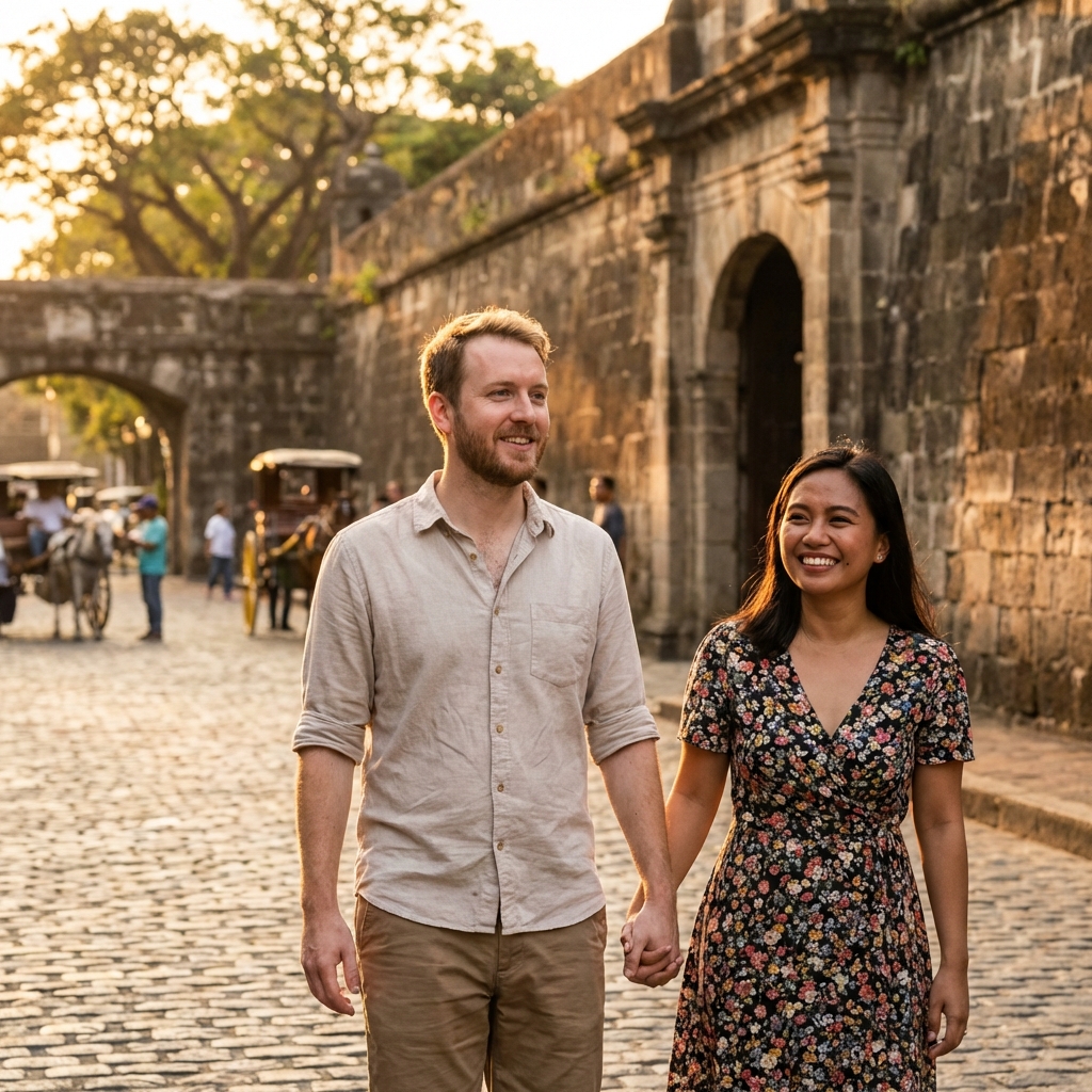 Interracial couple walking in Intramuros, Manila